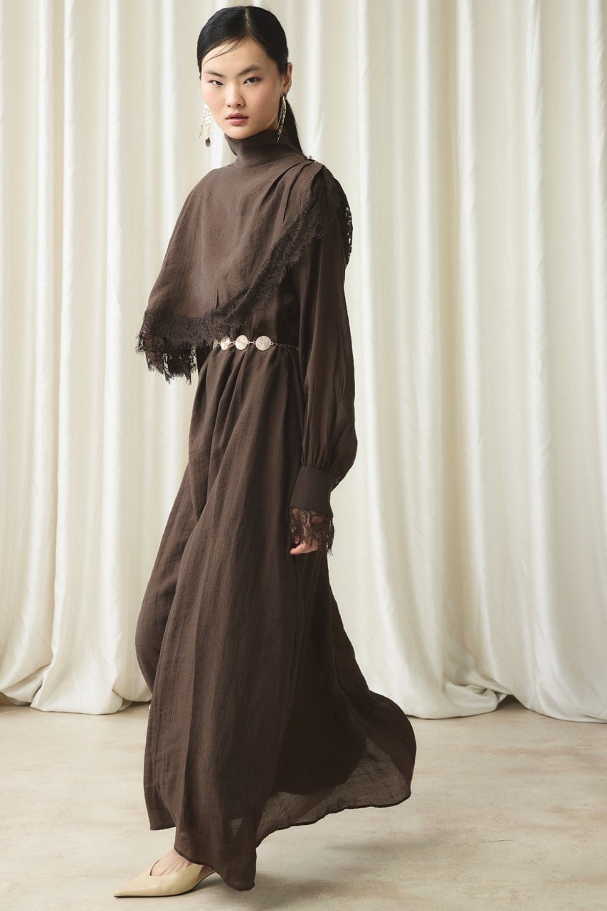 Aller Dantel Detaylı Elbise - Kahve