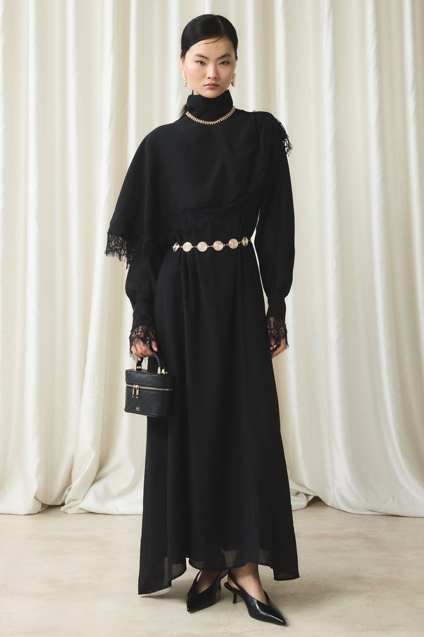 Aller Dantel Detaylı Elbise - Siyah