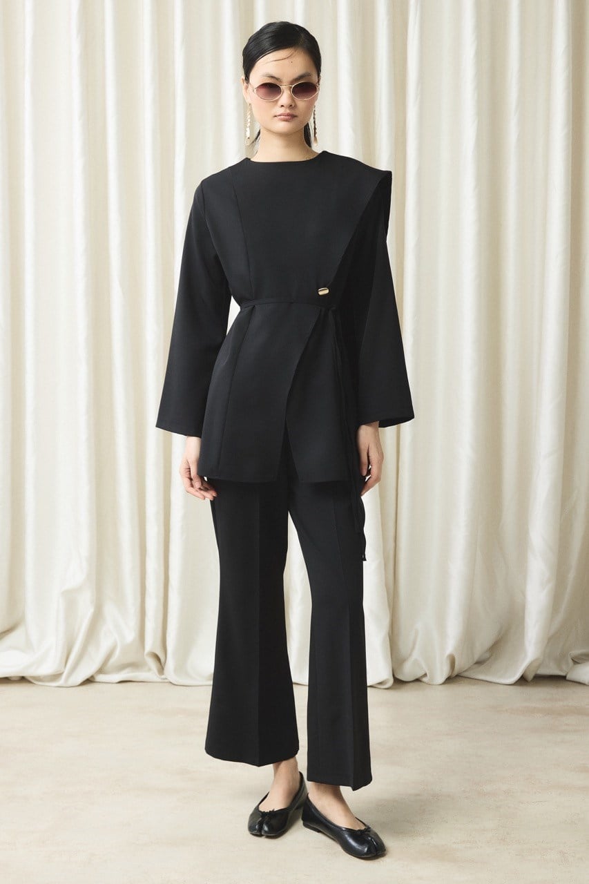 Asimetrik Double Pantolon Takım - Siyah