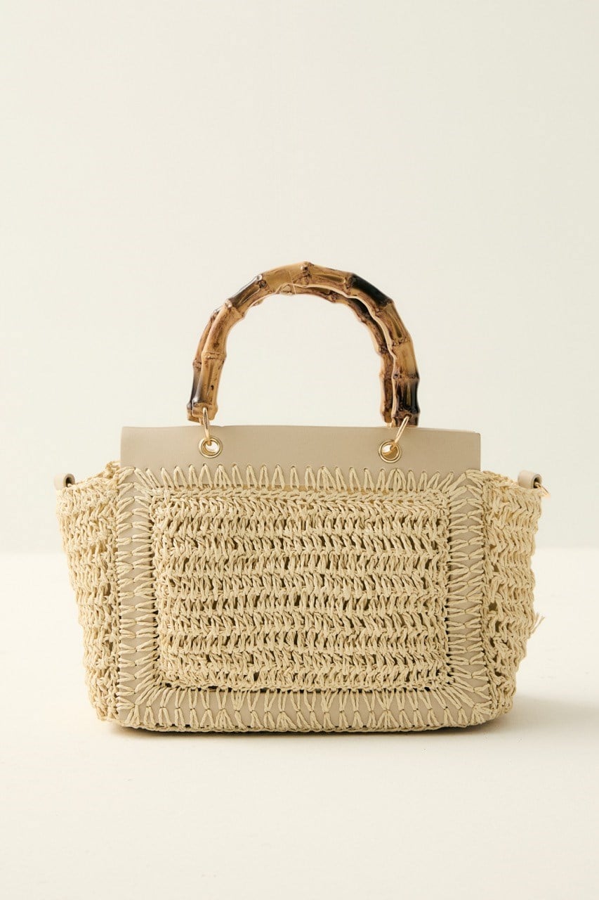 Bambu Saplı Hasır Çanta - Bej