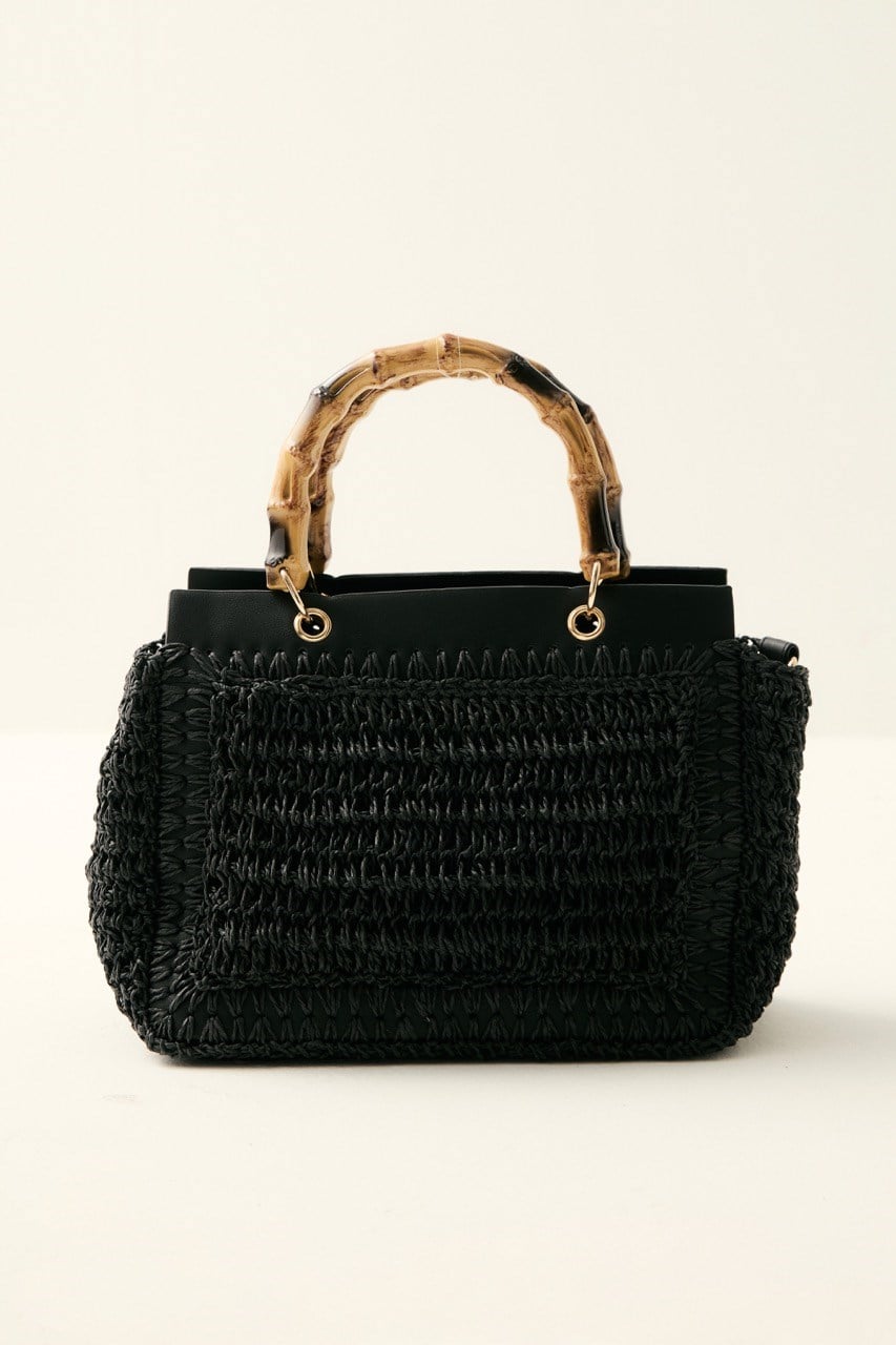 Bambu Saplı Hasır Çanta - Siyah