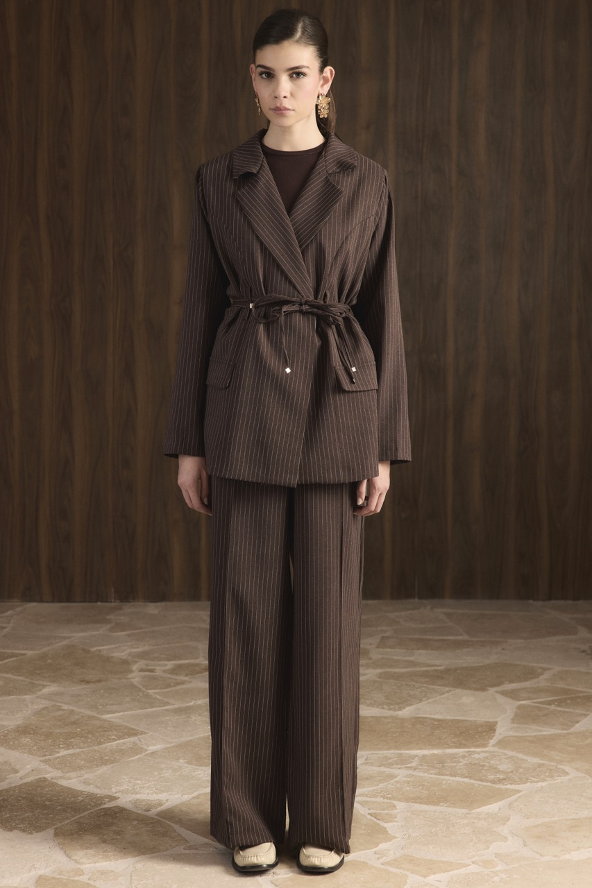 Bel Bağlamalı Blazer Ceket Takım - Acı Kahve