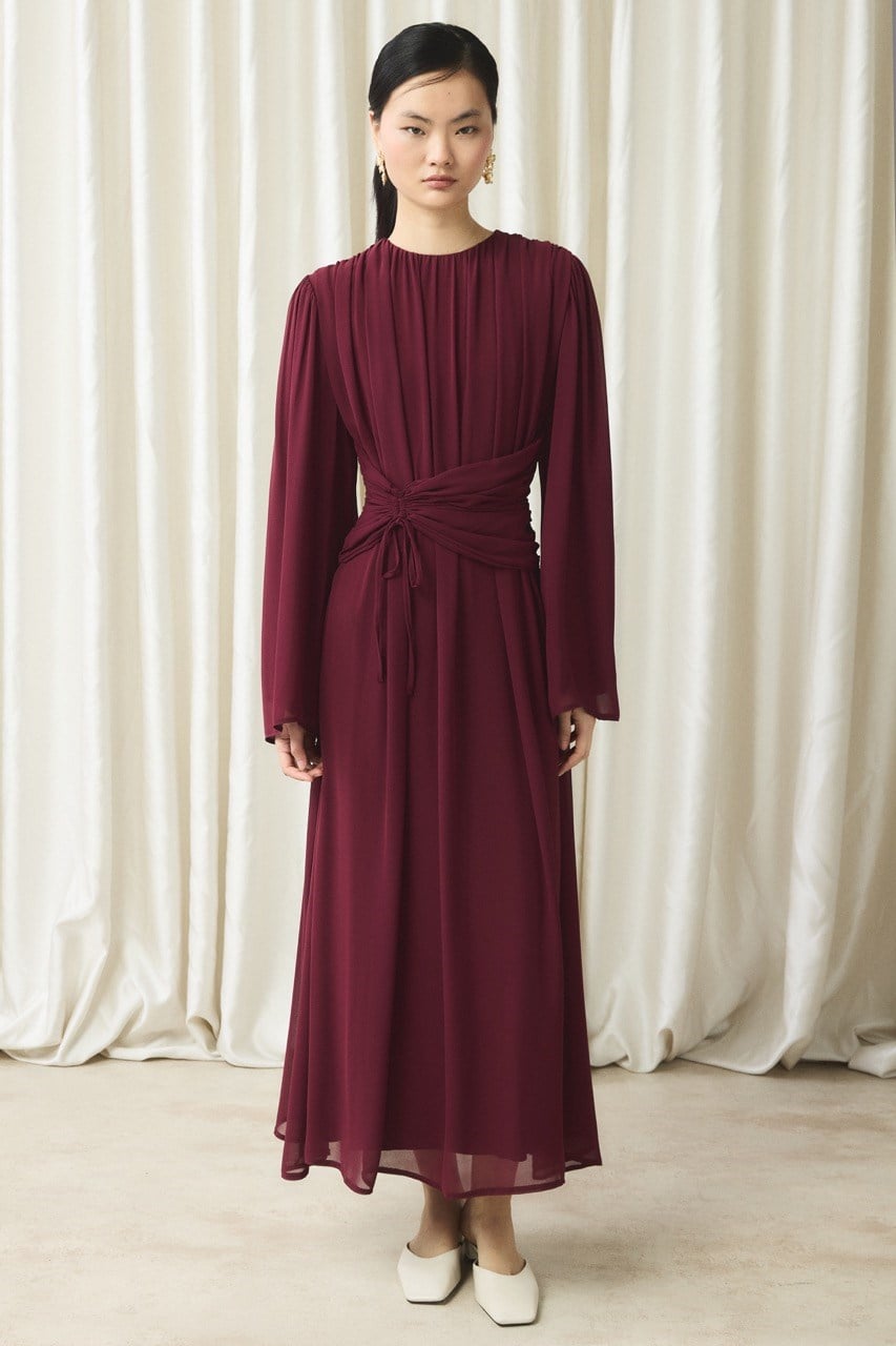 Bel Büzgülü Şifon Elbise - Bordo