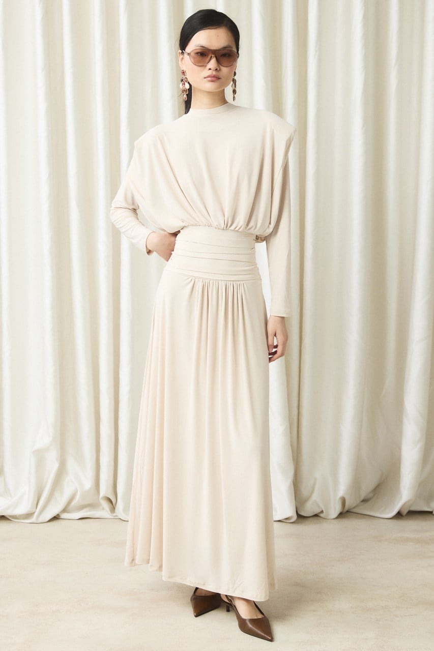 Bel Pileli Sendy Elbise - Taş