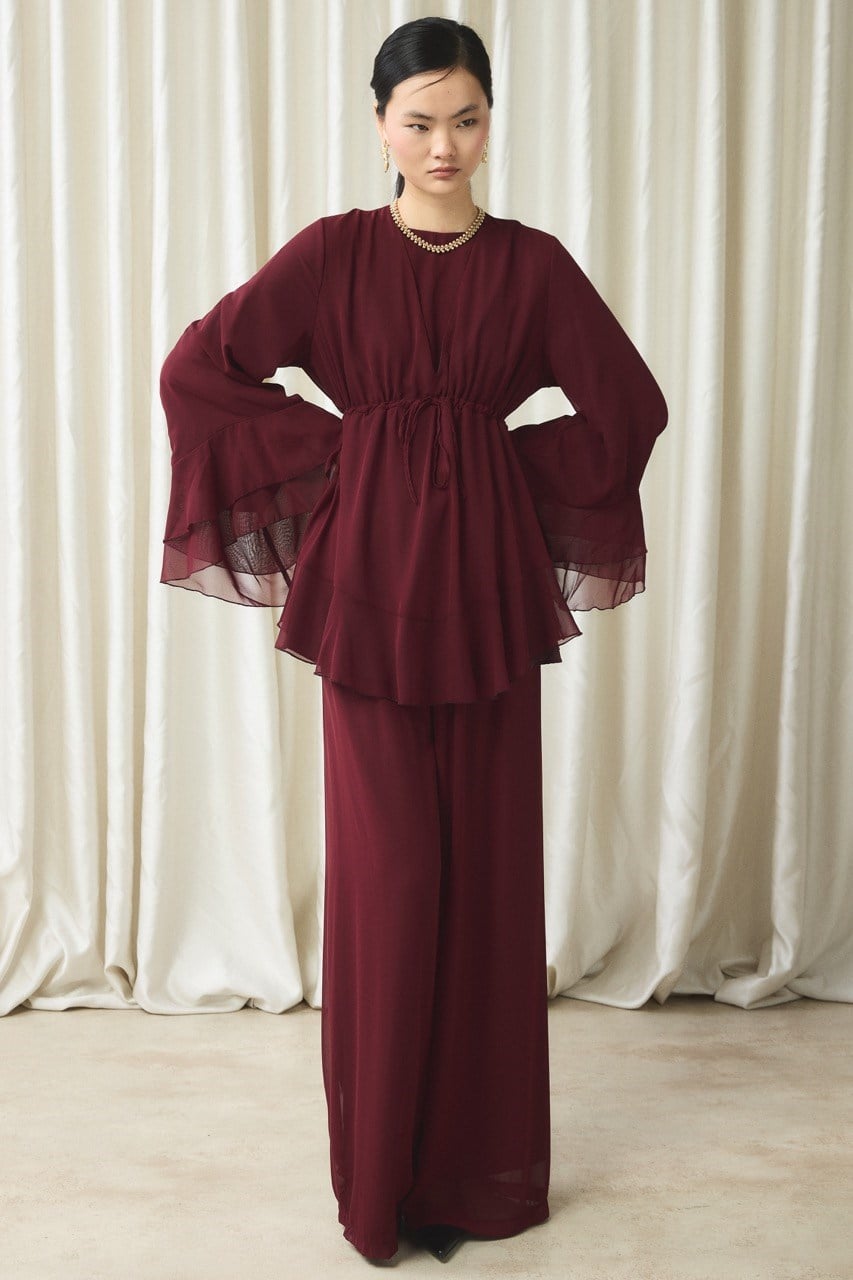 Bel Tünelli Şifon Takım - Bordo