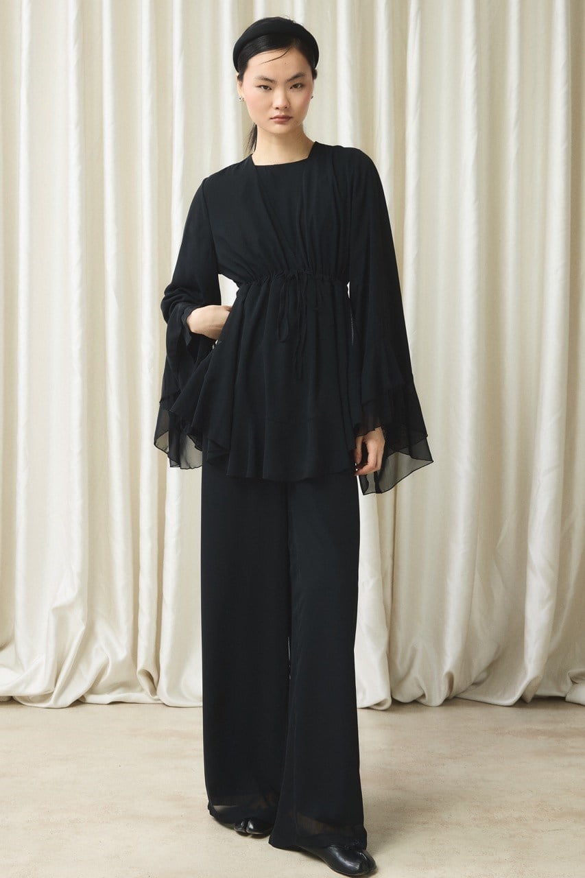 Bel Tünelli Şifon Takım - Siyah