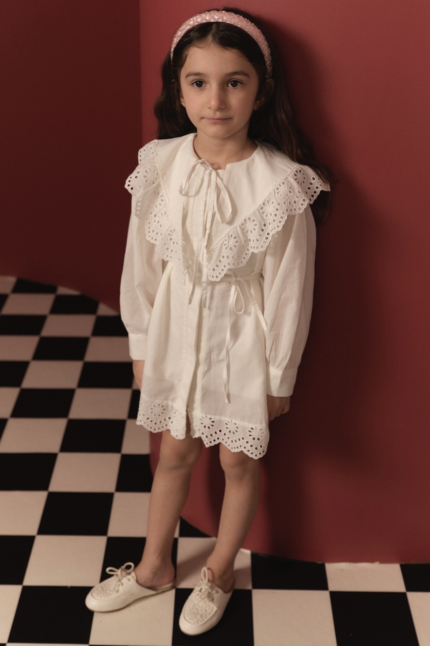 Brode Detay Pamuklu Çocuk Elbise - Ekru