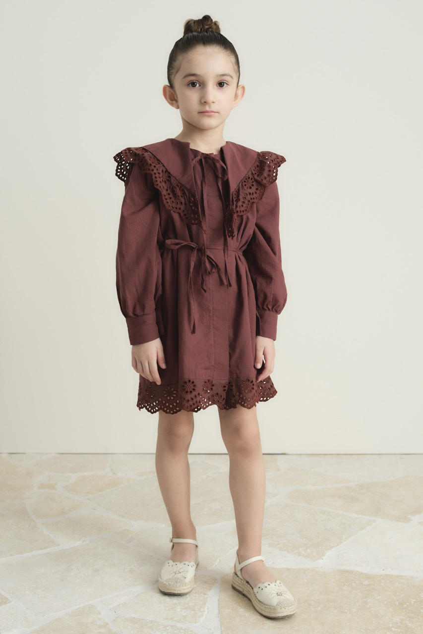 Brode Detay Pamuklu Çocuk Elbise - Vişne