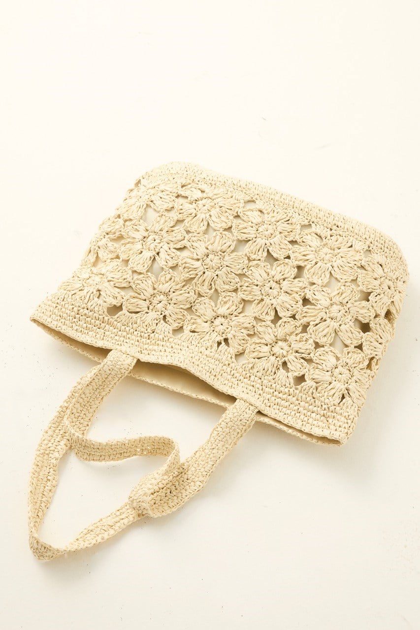 Çiçek Örgü Detaylı Hasır Çanta - Bej