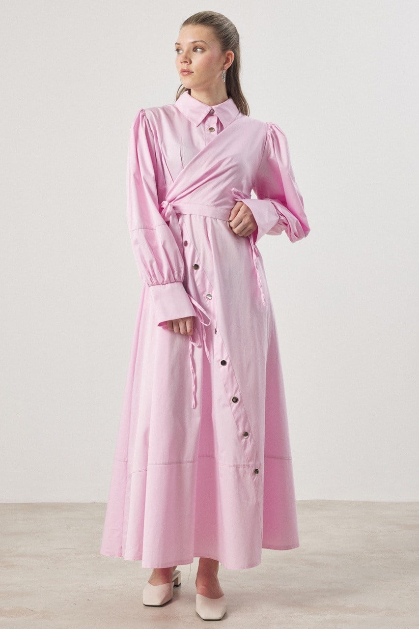 Çıtçıt Detaylı Compact Saten Elbise - Pembe