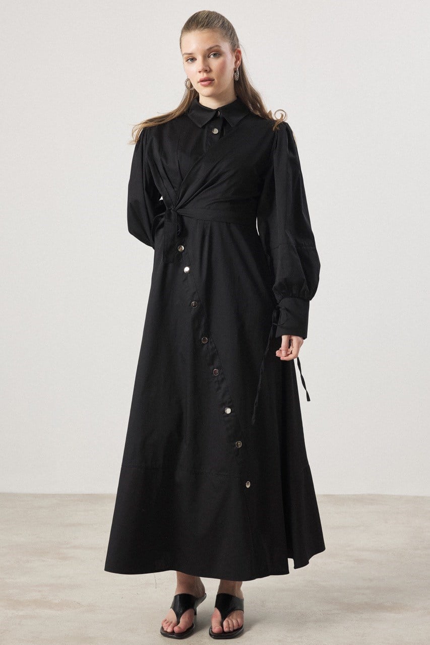 Çıtçıt Detaylı Compact Saten Elbise - Siyah