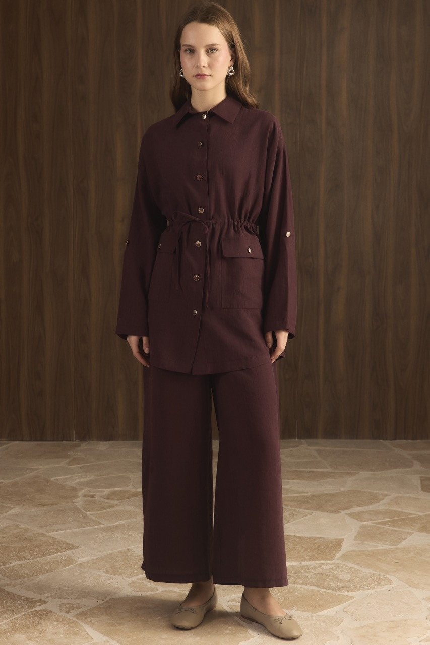 Çıtçıt Detaylı Pantolonlu Takım - Bordo