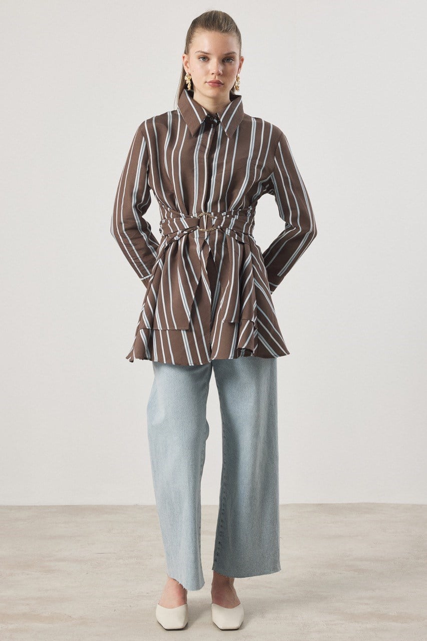 Çizgi Desenli Dacron Gömlek - Mavi