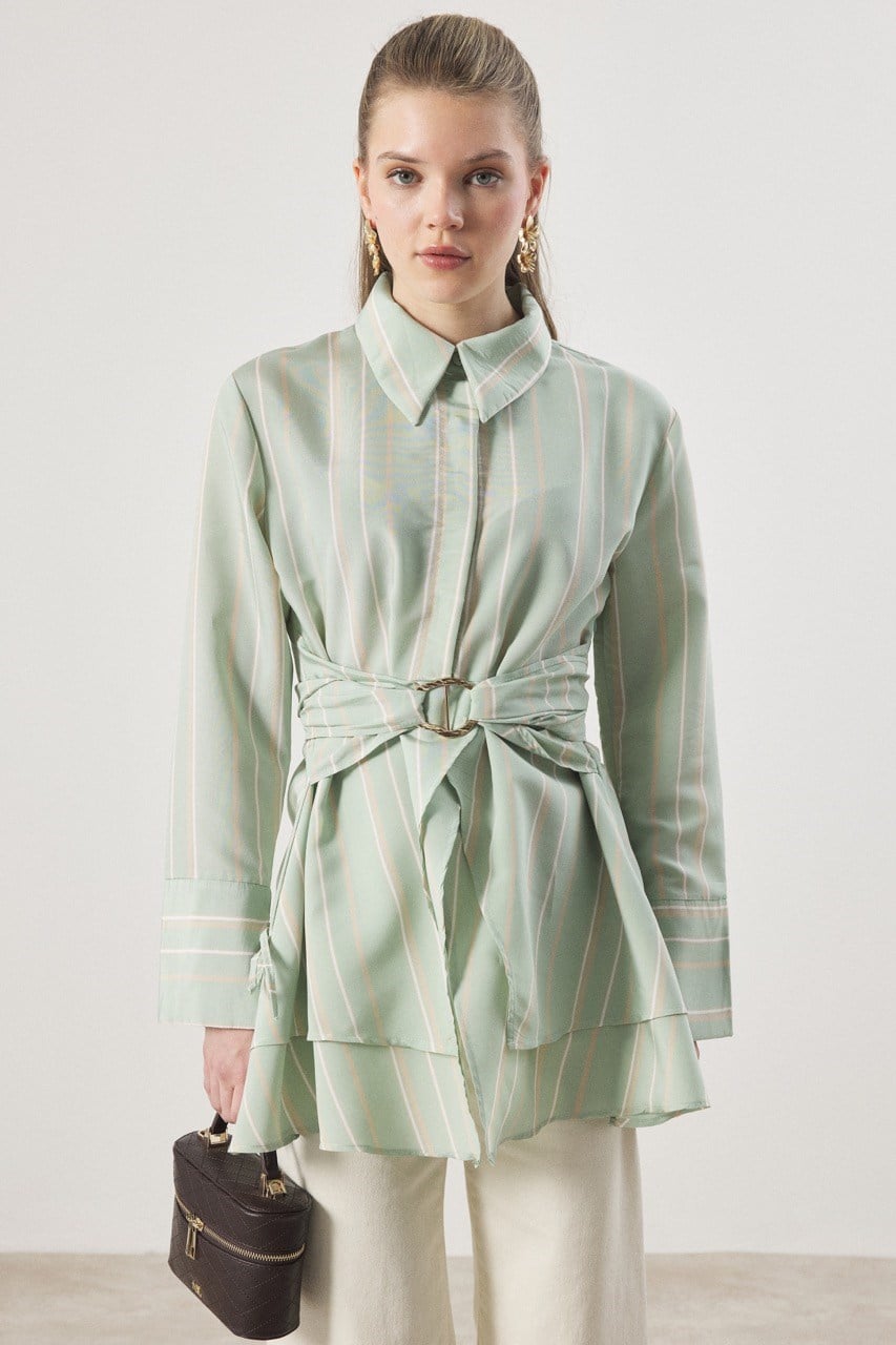 Çizgi Desenli Dacron Gömlek - Mint