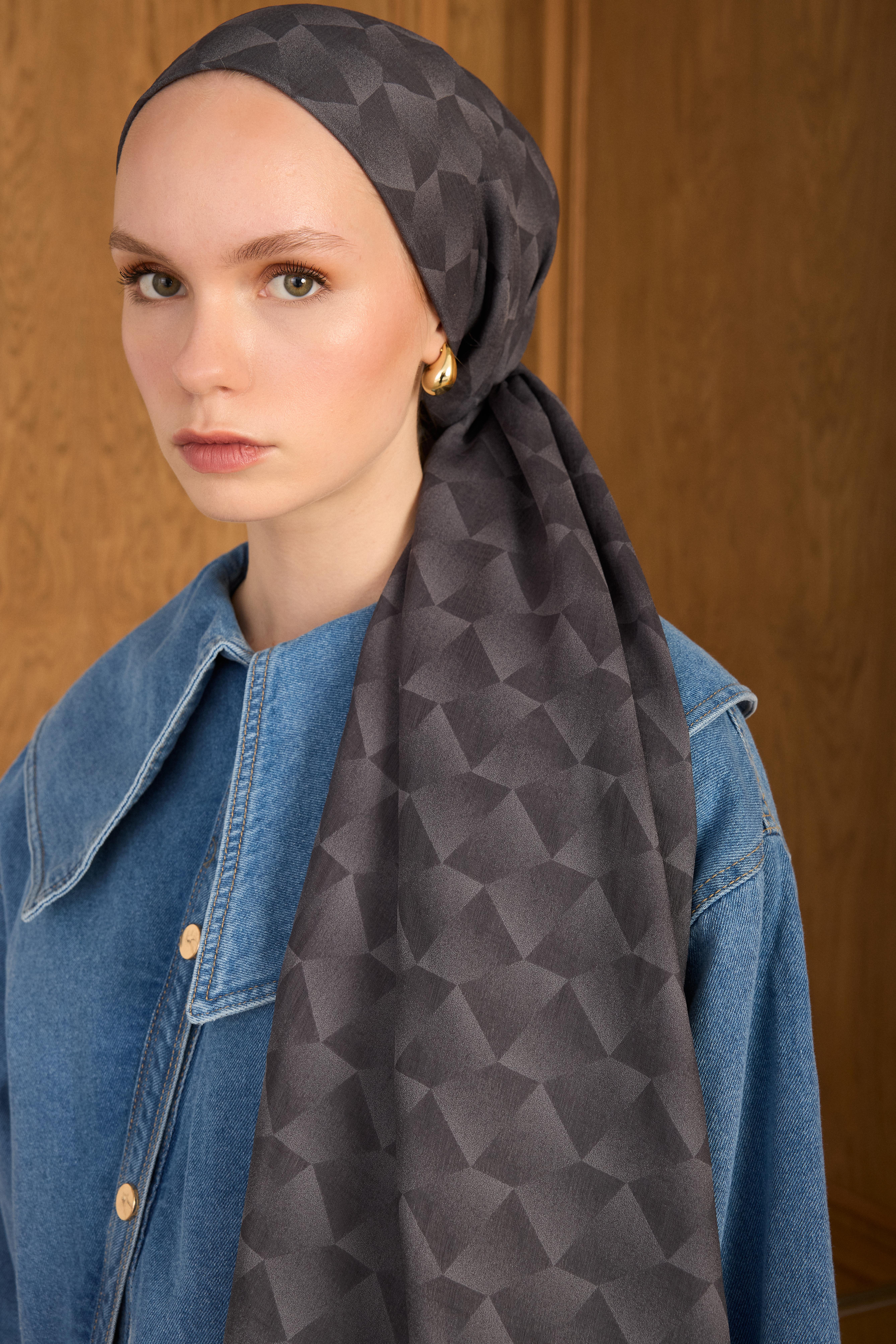Cotton Monogram Geometrik Desen Şal - Antrasit
