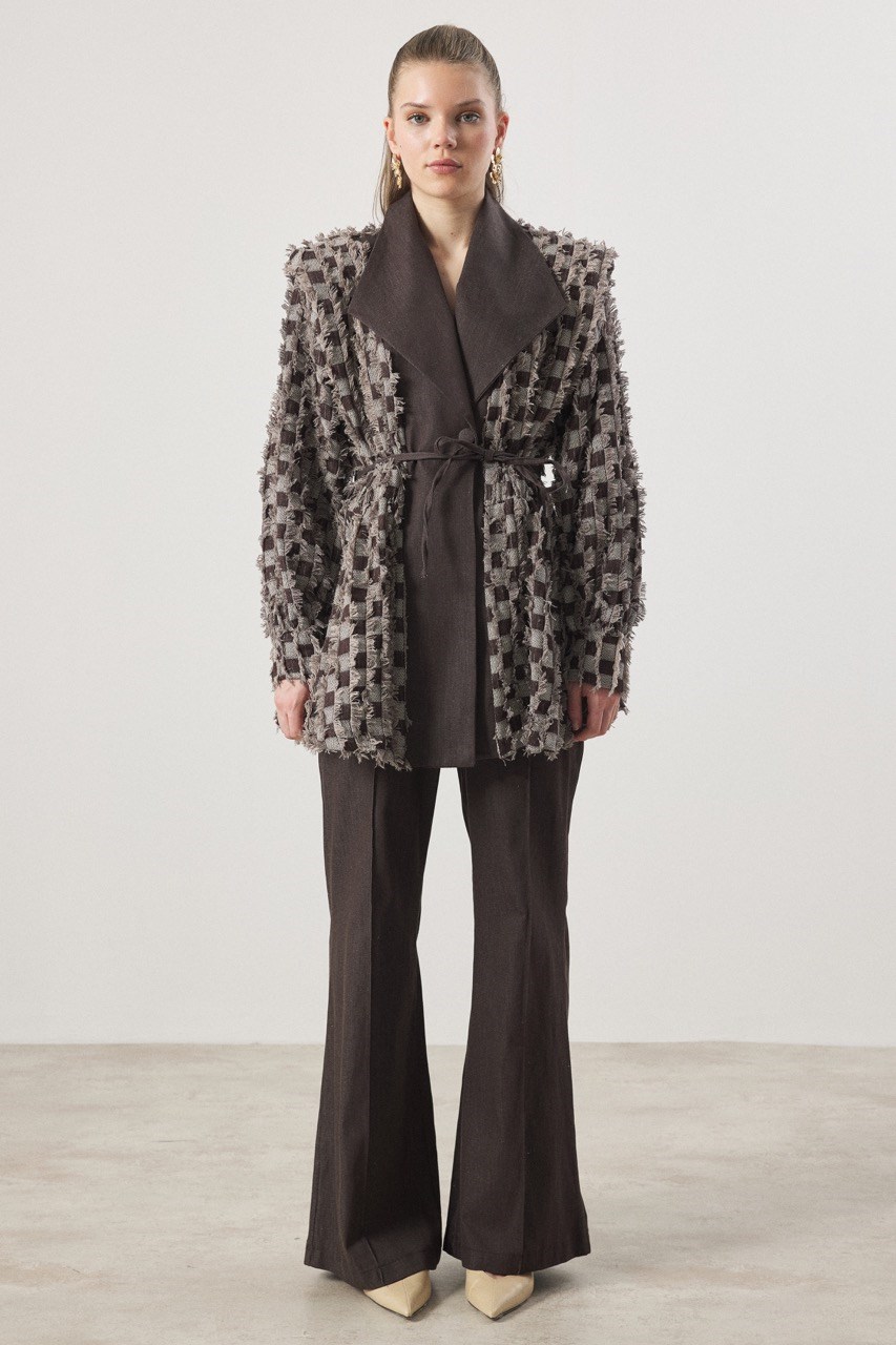 Dama Desen Fringed Kot Takım - Kahve