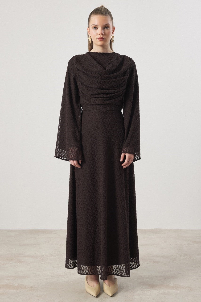 Degaje Yaka Dantel Elbise - Kahve