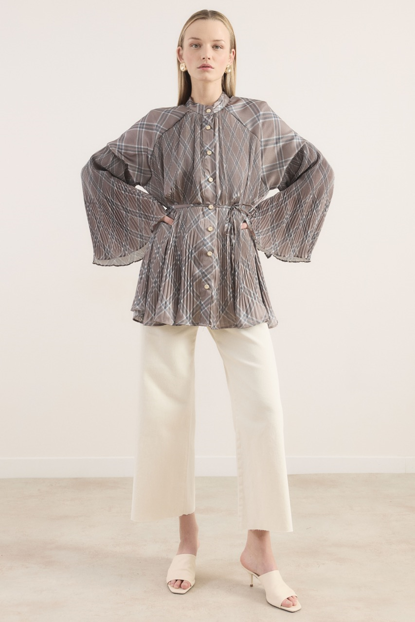 Desenli Dik Piliseli Saten Gömlek - Gri