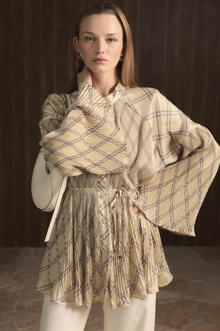 Desenli Dik Piliseli Saten Gömlek - Sarı