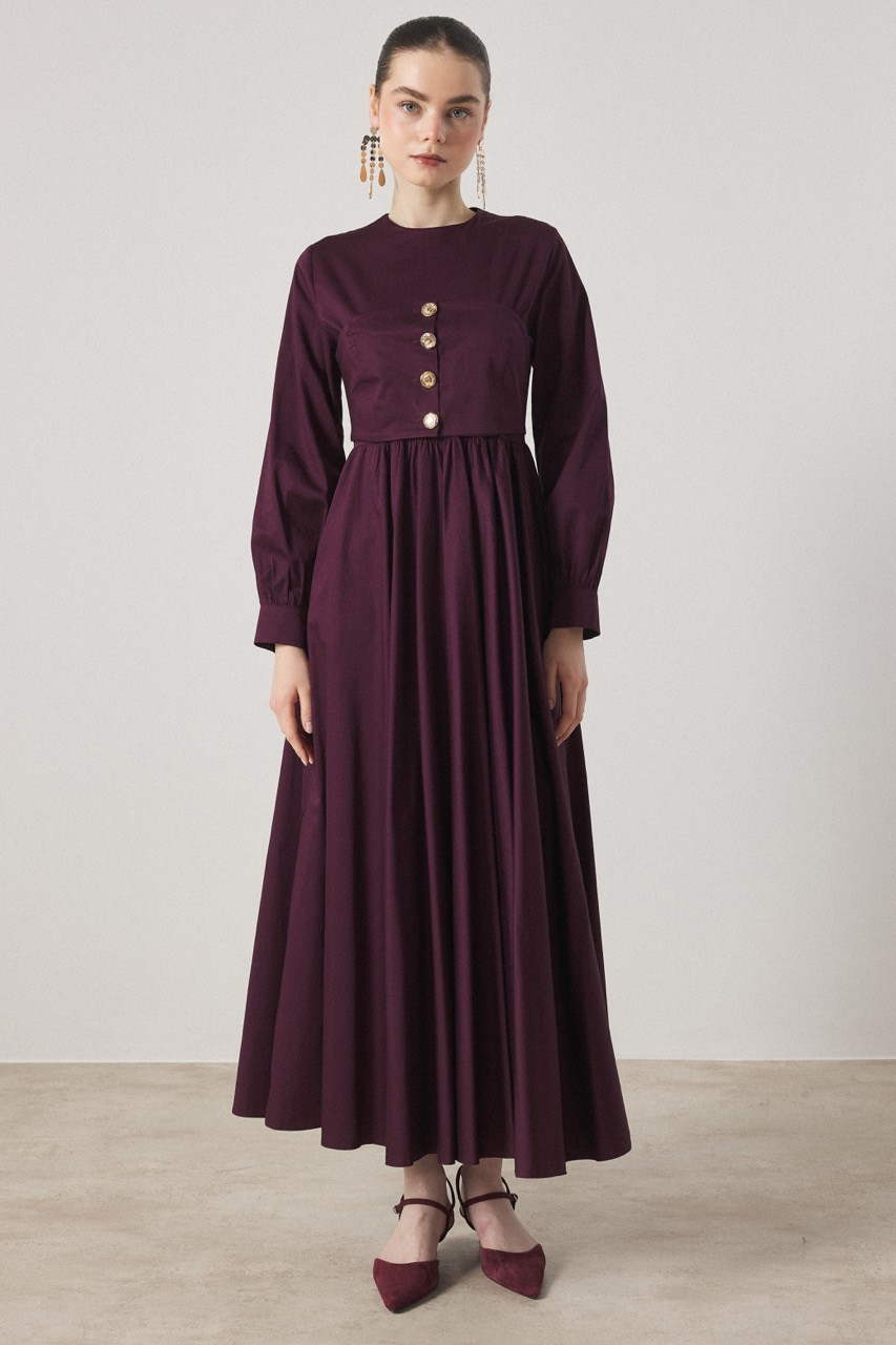 Düğme Detaylı Compact Saten Elbise - Mürdüm