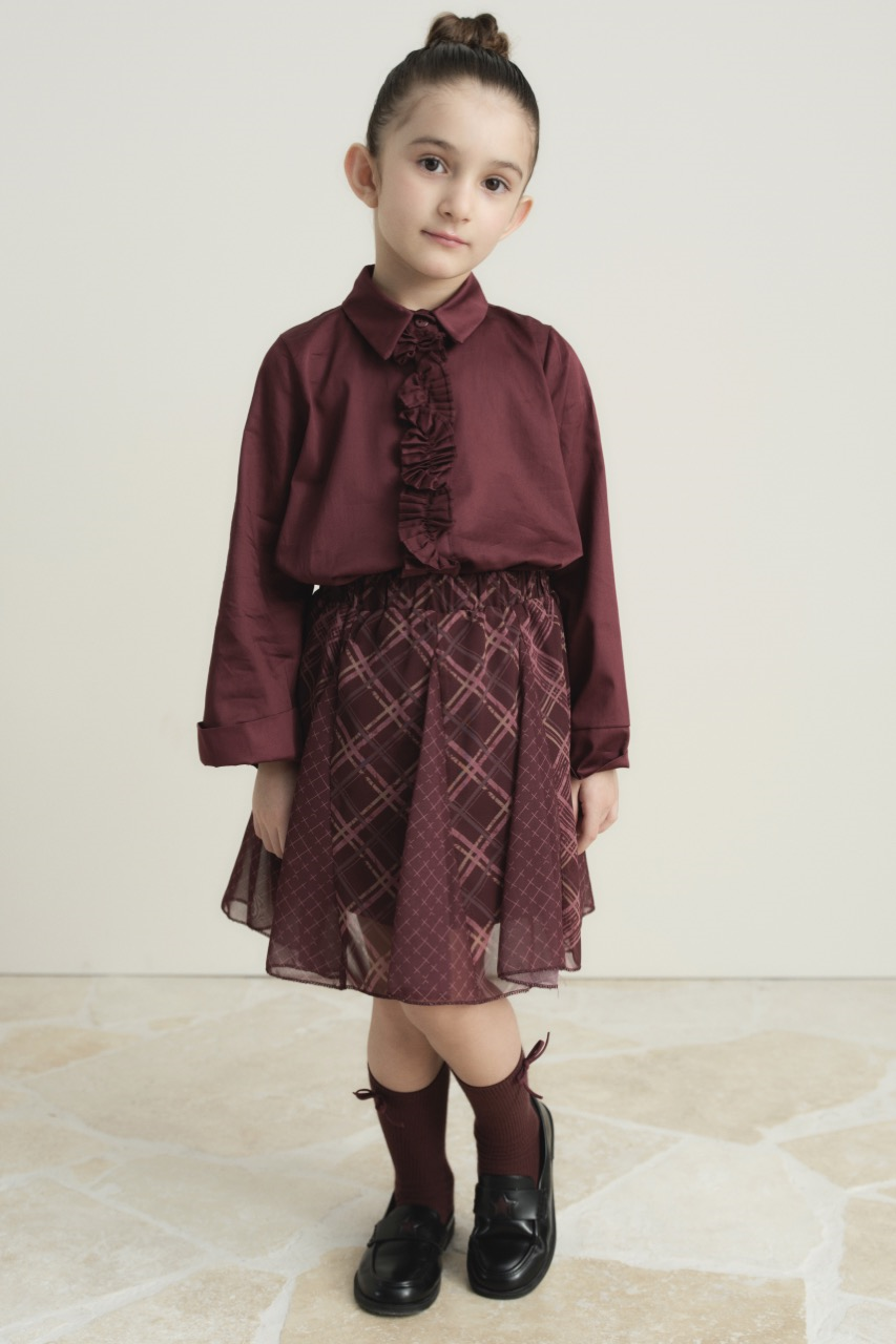 Ekose Şifon Baskılı Etek - Mürdüm