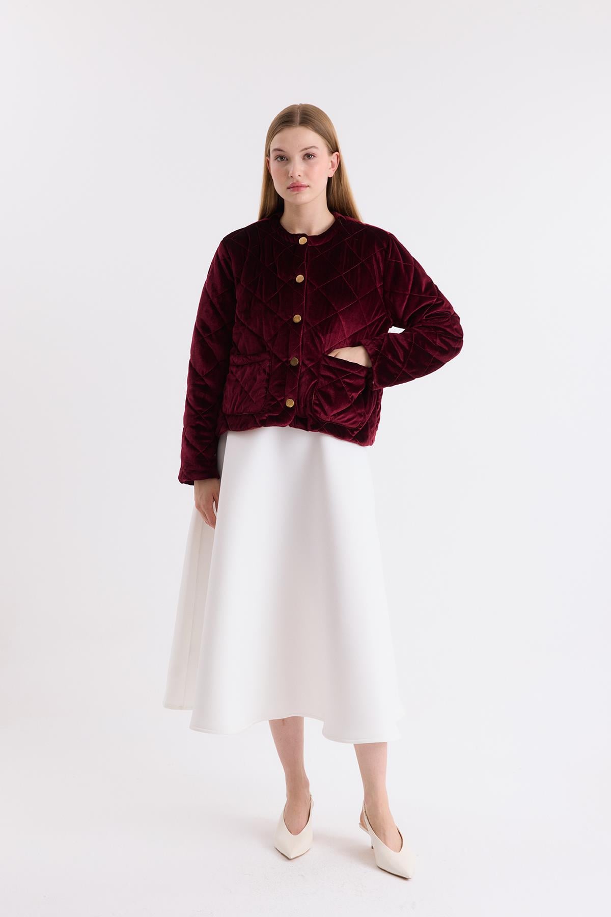 Eldon Kapitone Çıtçıtlı Premium Mont - Bordo