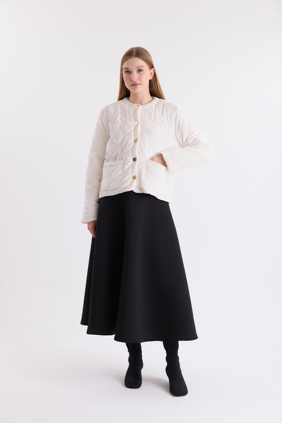 Eldon Kapitone Çıtçıtlı Premium Mont - Ekru