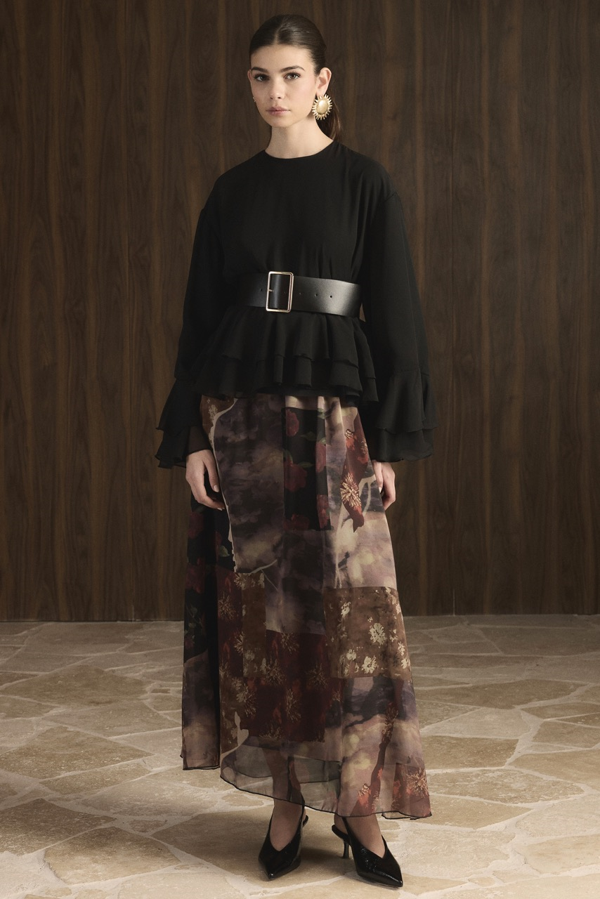 Etek Desenli Şifon Takım - Siyah