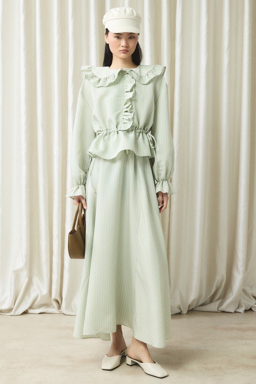 Fırfır Detaylı Çizgili Takım - Mint