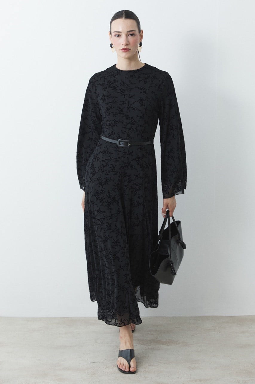 Flok Baskı Desenli Tül Elbise - Siyah