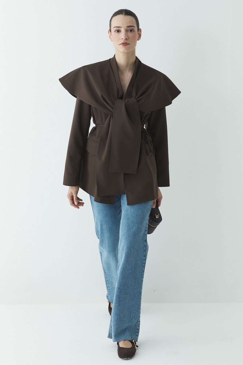 Fularlı Double Blazer Ceket - Kahve