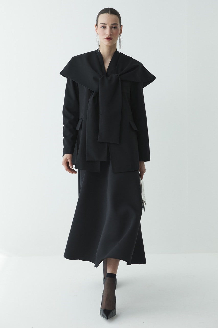 Fularlı Double Blazer Ceket - Siyah