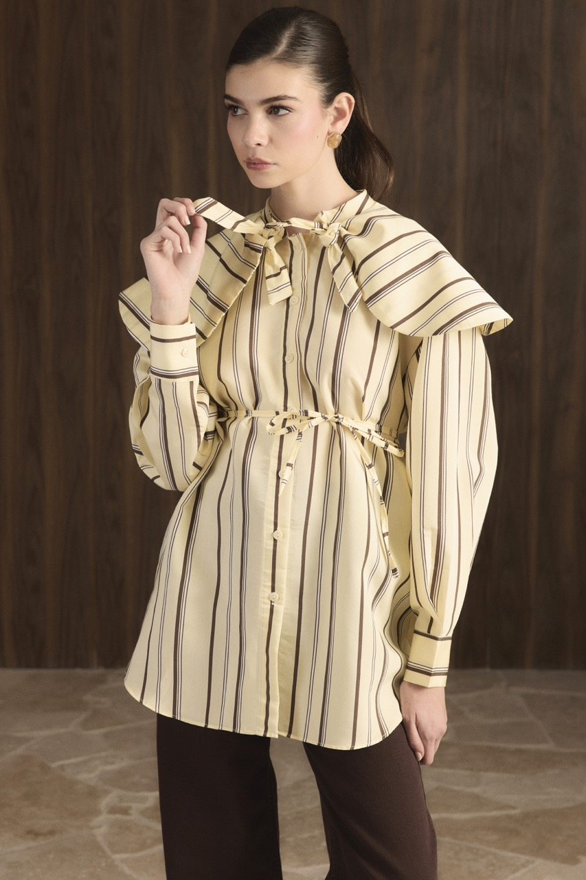 Geniş Yakalı Çizgili Gömlek - Sarı