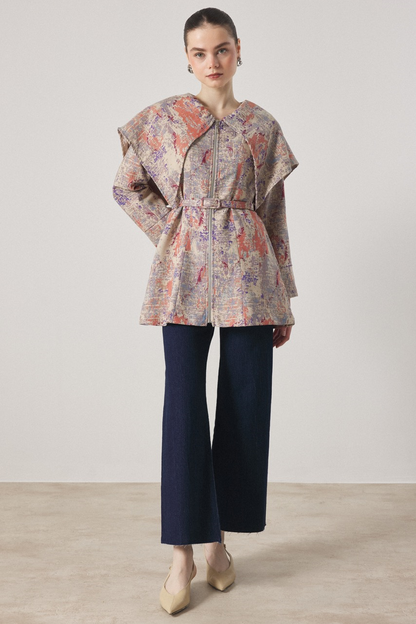 Geniş Yakalı Jakar Ceket - Bej