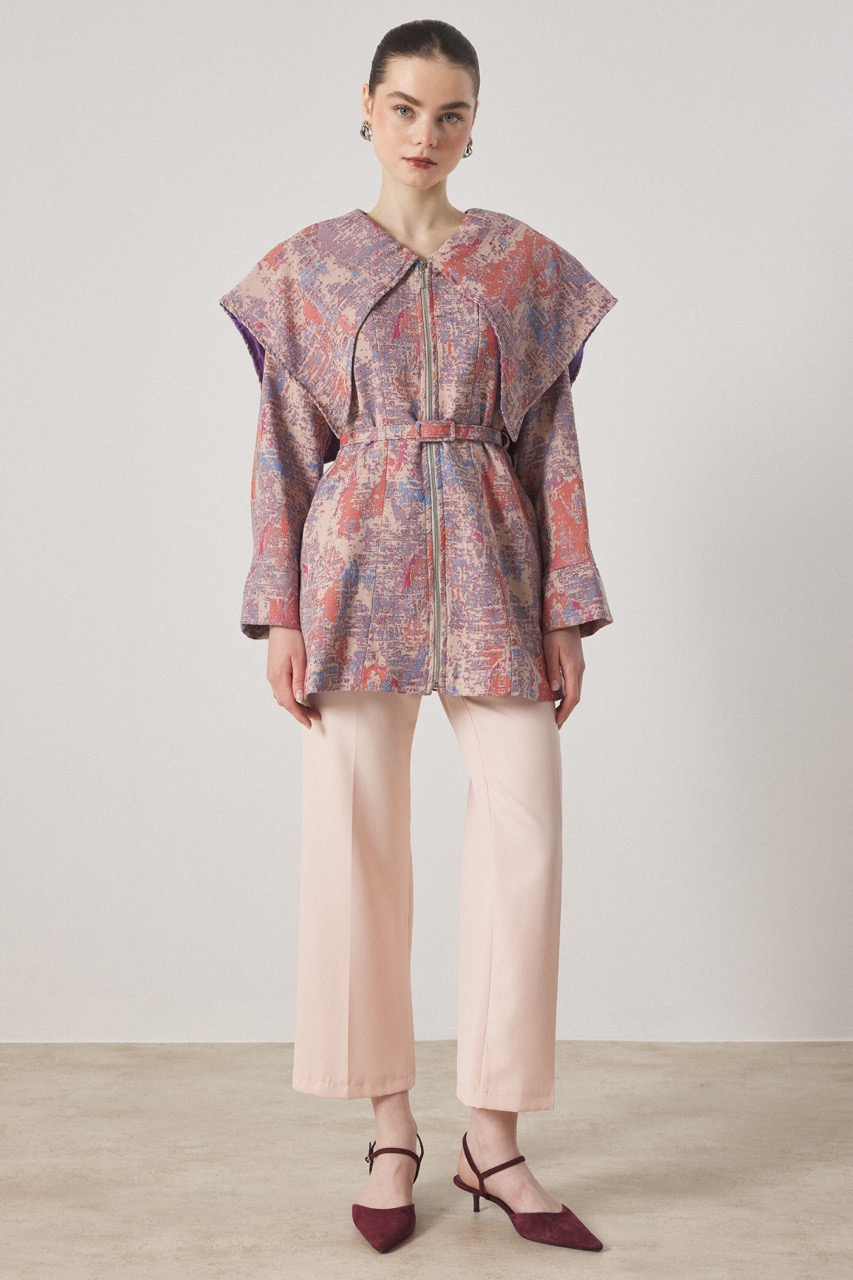 Geniş Yakalı Jakar Ceket - Pudra