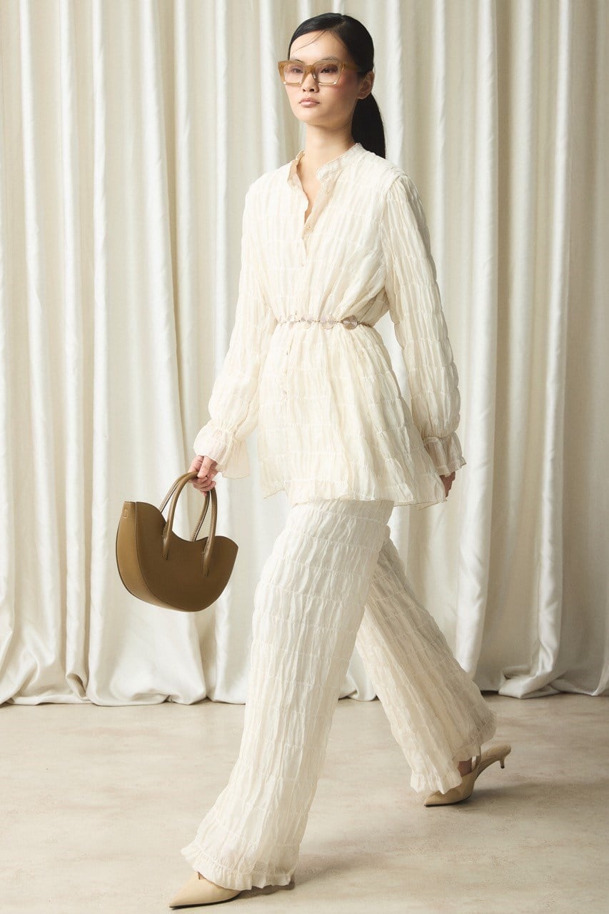 Kemer Detaylı Gofre Pantolonlu Takım - Ekru