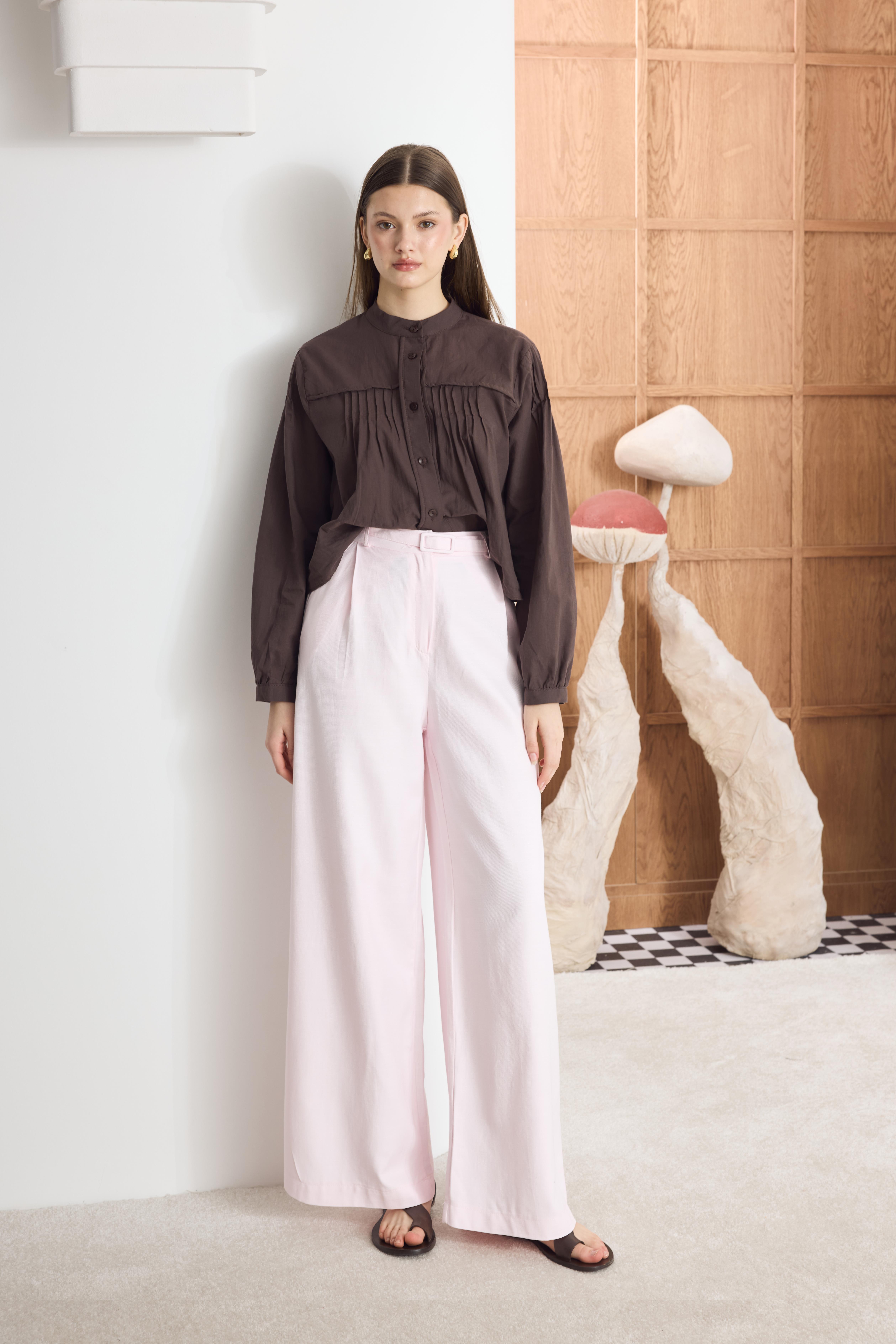 Kemerli Basic Keten Pantolon - Pembe