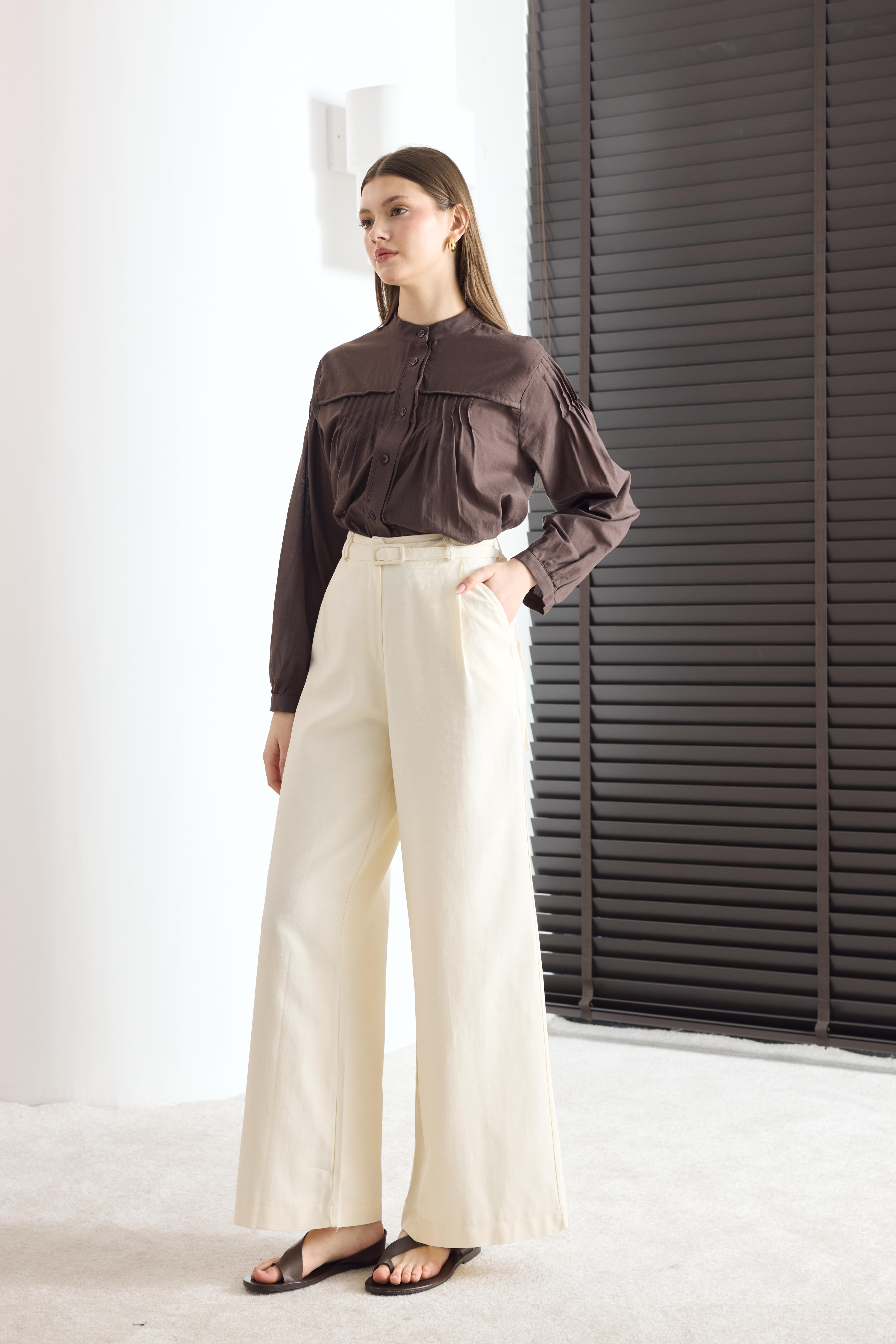 Kemerli Basic Keten Pantolon - Sarı