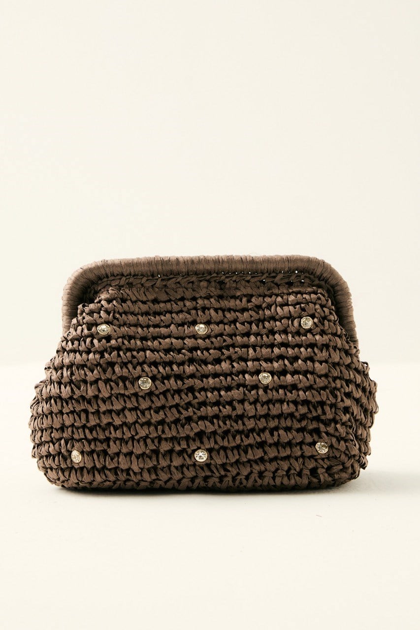 Klasik Zincir Askılı Taşlı Hasır Çanta - Kahve