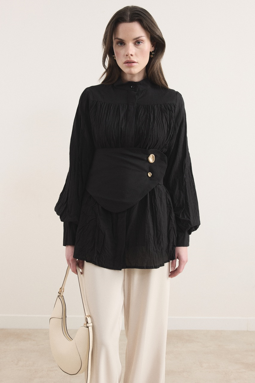 Kol Büzgülü Vual Gömlek - Siyah