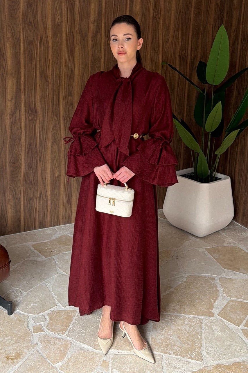 Kol Volanlı Müslin Elbise - Bordo