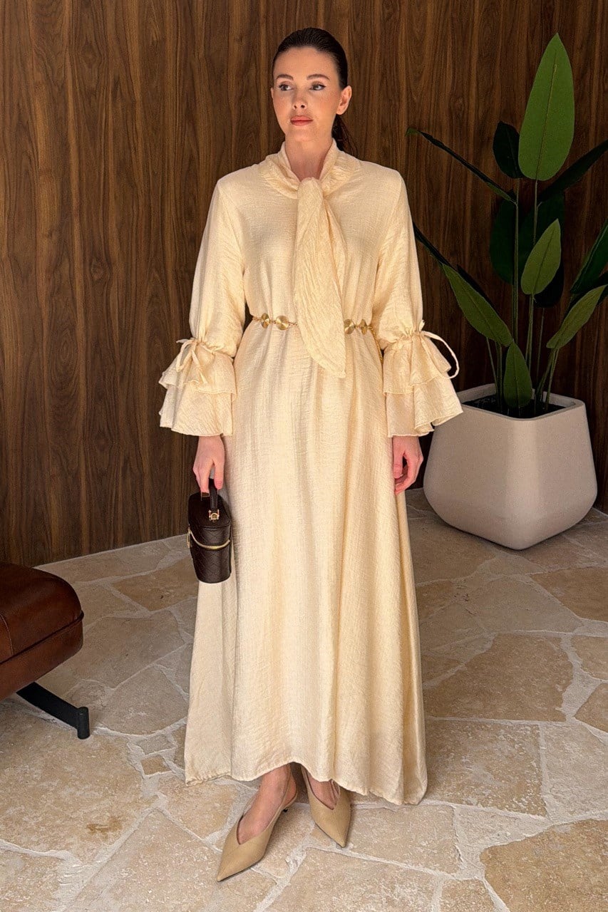 Kol Volanlı Müslin Elbise - Krem
