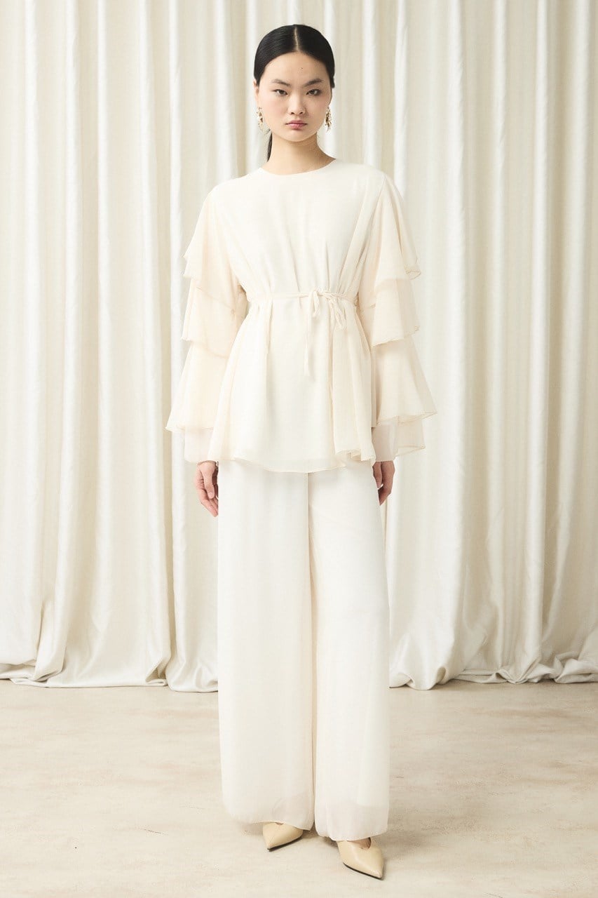 Kol Volanlı Şifon Takım - Ekru