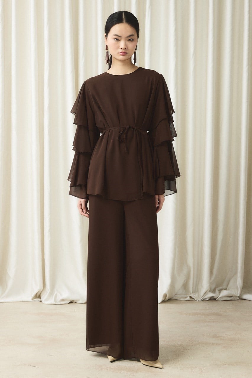 Kol Volanlı Şifon Takım - Kahve