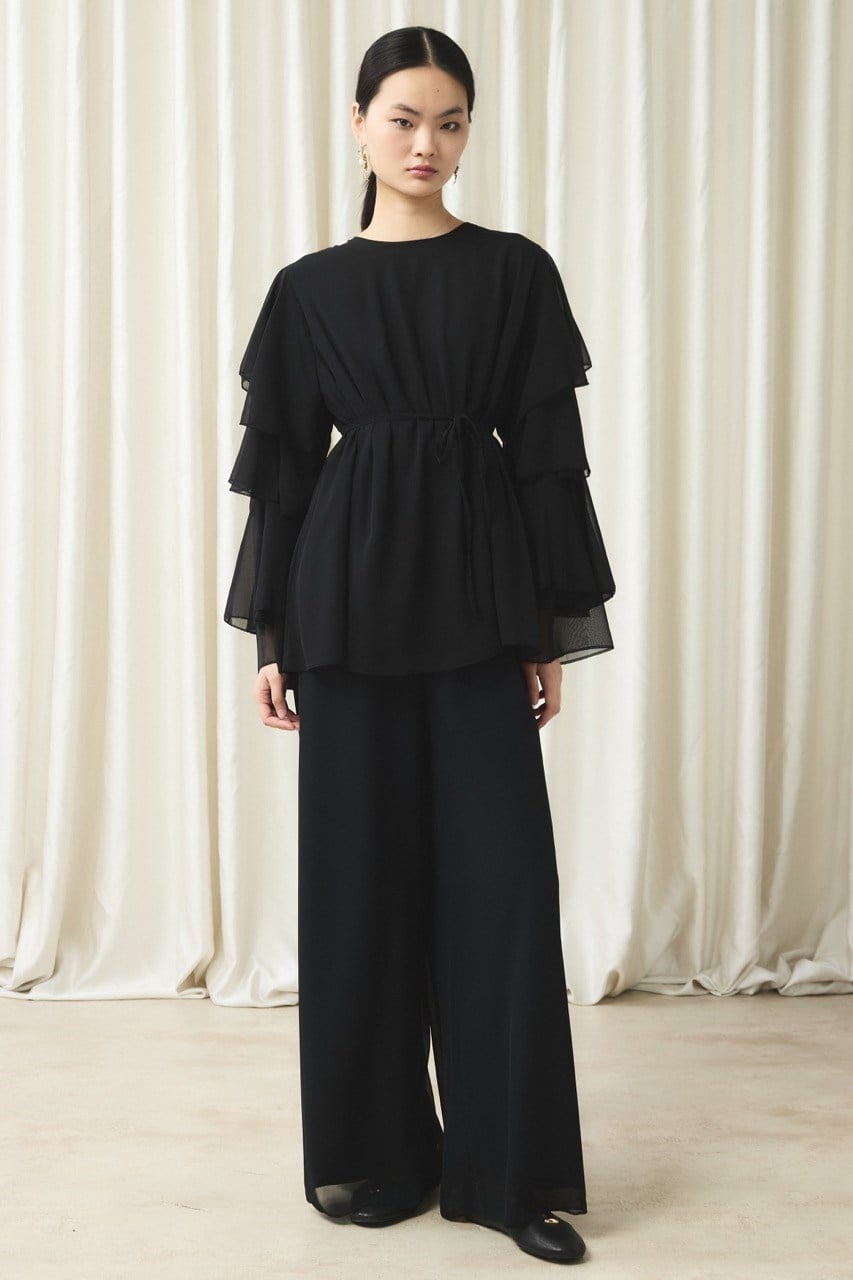 Kol Volanlı Şifon Takım - Siyah