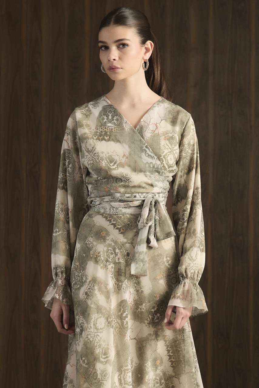 Kruvaze Desenli Şifon Takım - Yeşil