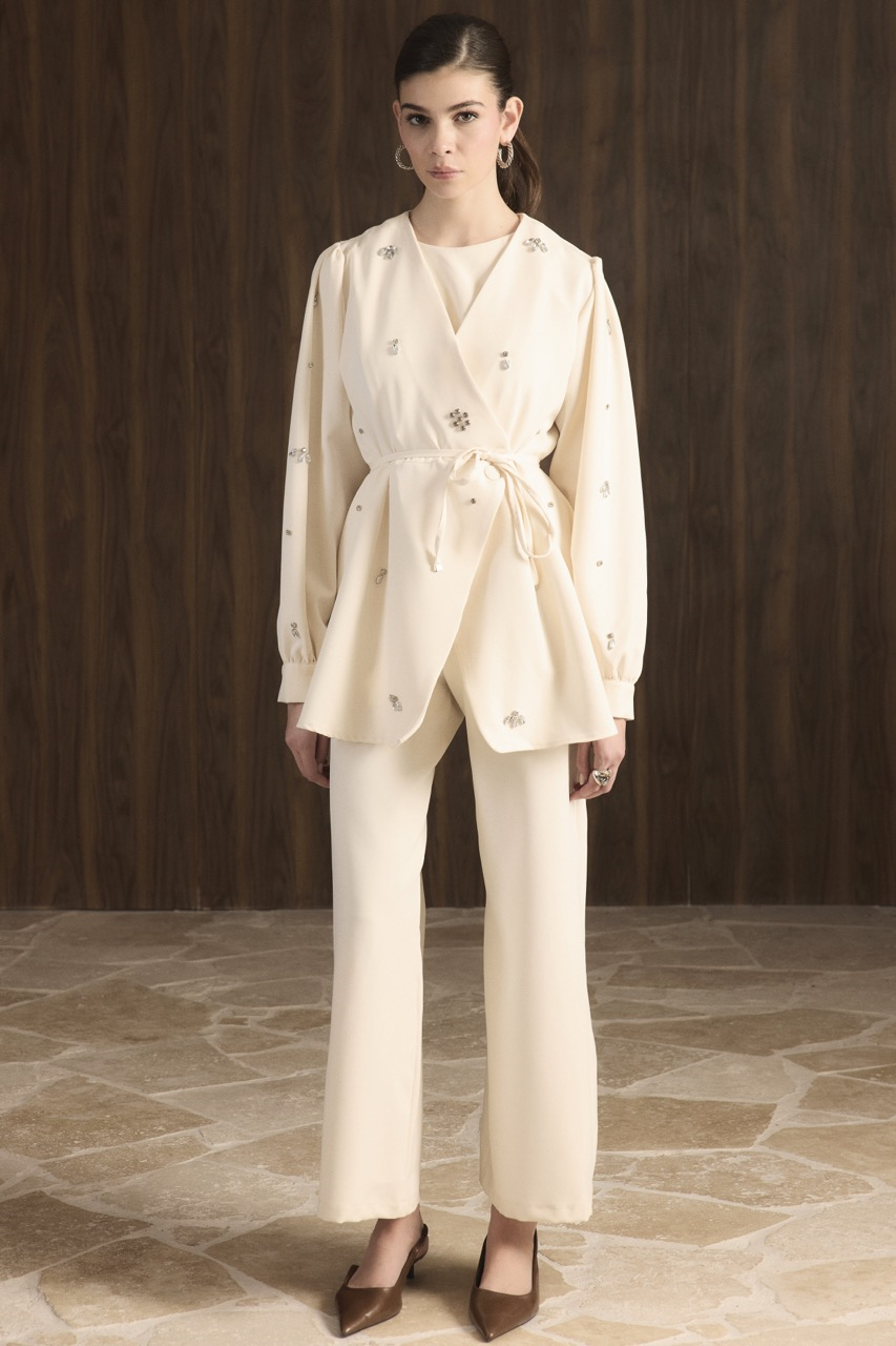 Kruvaze Taşlı Double Takım - Ekru