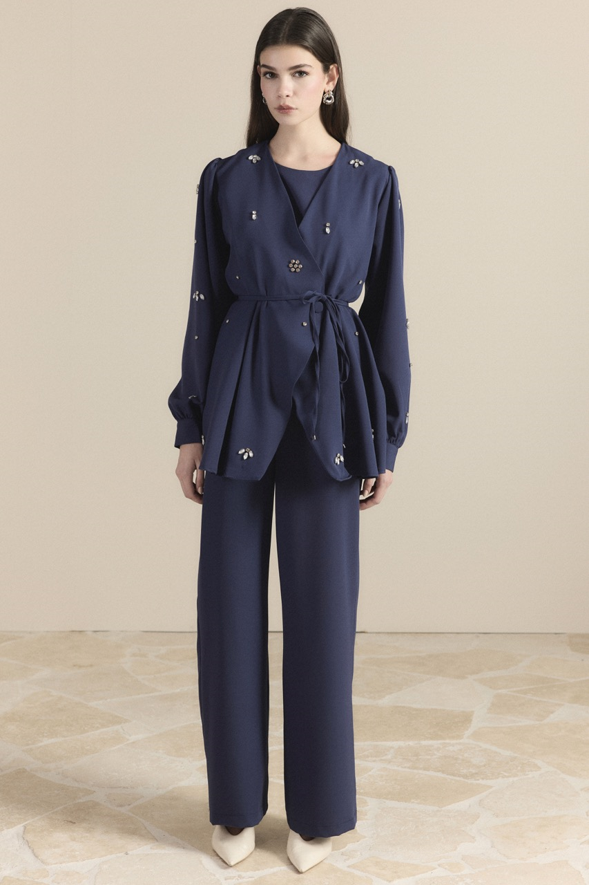 Kruvaze Taşlı Double Takım - Lacivert