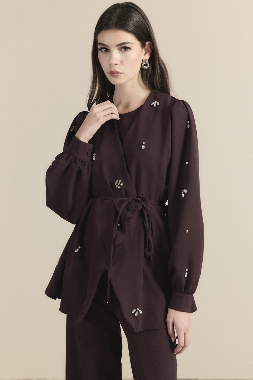 Kruvaze Taşlı Double Takım - Mürdüm