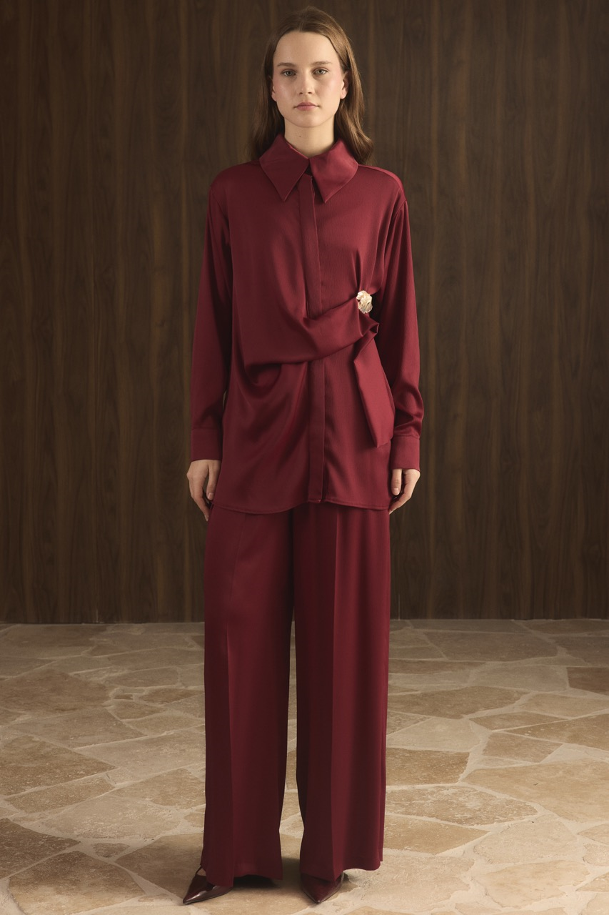 Madella Bağlamalı Broşlu Takım - Bordo